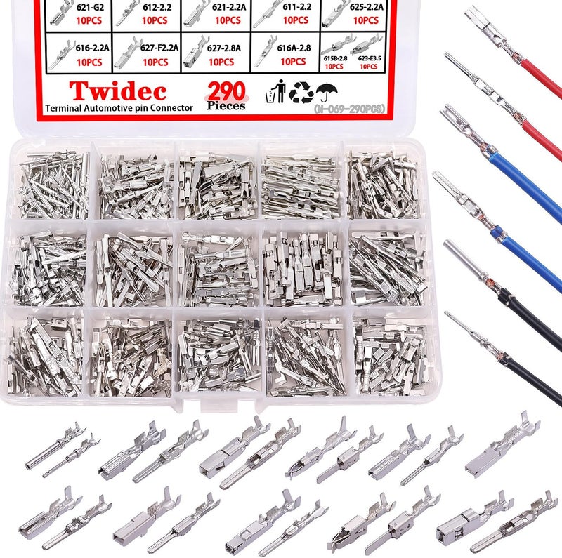 Twidec /290PCS Car Electrical Wire Terminal Pins Connector 1/1.5/1.8/2.2/2.8/3.5mm 21Type Connector Pins Terminal Auto Electric Connector Non-Insulated Plug Removal Male Female Crimp Pins - Image 1